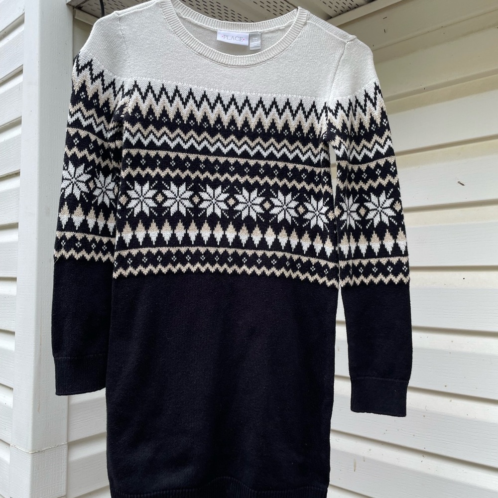 Place Black and Cream Patterned Crewneck Sweater Dress 7/8 kids